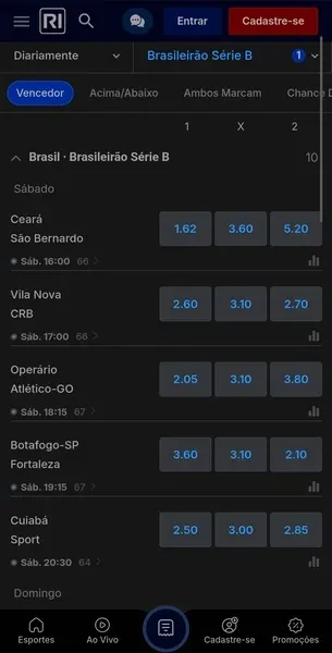 P&aacute;gina da Rivalo com mercados dispon&iacute;veis nos jogos da S&eacute;rie B do Brasileir&atilde;o