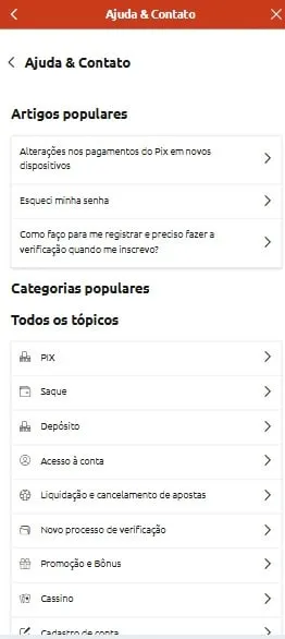 Captura de tela da se&ccedil;&atilde;o de Ajuda e Contato da Superbet, com artigos e chat