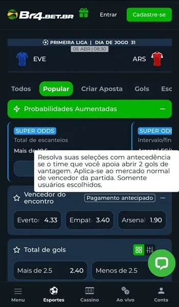 Captura de tela da p&aacute;gina do jogo Everton x Arsenal e as odds na Br4bet
