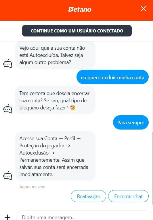 Captura de tela do chat da Betano com orienta&ccedil;&otilde;es para a autoexclus&atilde;o
