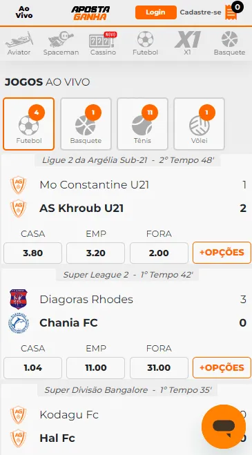 Captura de tela das apostas ao vivo no Aposta Ganha app