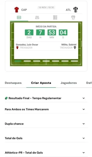 Captura de tela com os mercados de Criar Aposta no Rei do Pitaco.