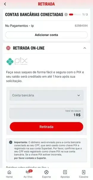 Captura de tela de um saque efetuado na Superbet