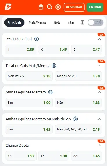 Captura de tela das op&ccedil;&otilde;es principais de apostas na Betano no Mundial de Clubes