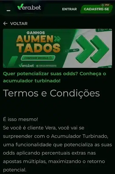 Captura de tela com a p&aacute;gina de ganhos aumentados da Vera Bet