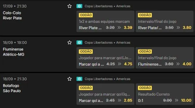 Captura de tela de op&ccedil;&otilde;es de apostas com Odds aumentadas na KTO pela Copa Libertadores 