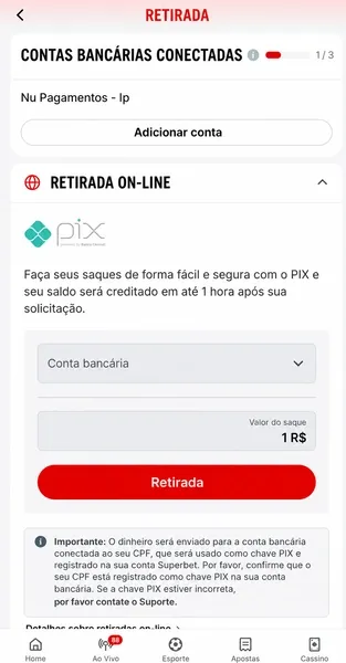 Simula&ccedil;&atilde;o de saque na Novibet Brasil