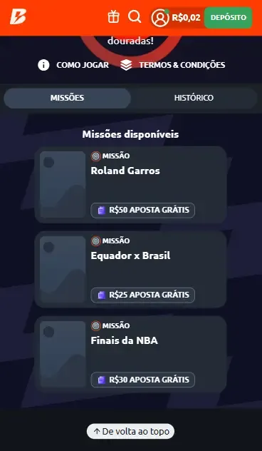 Captura de tela da p&aacute;gina de Miss&otilde;es da Betano