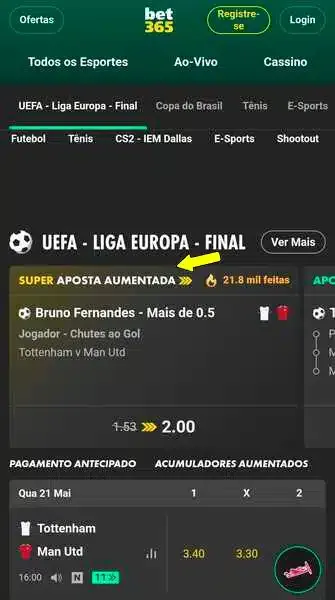 Captura de tela com aumento aposta da Bet365 em jogos da Copa do Brasil