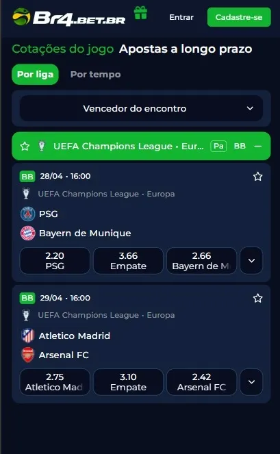 P&aacute;gina de apostas na Champions League dispon&iacute;vel no cat&aacute;logo da Br4bet