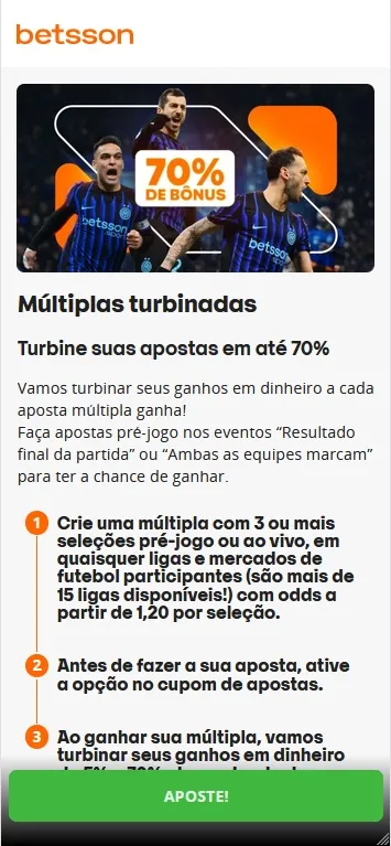 M&uacute;ltiplas Turbinadas da Betsson com destaque para o b&ocirc;nus de 70% e passo a passo da promo&ccedil;&atilde;o