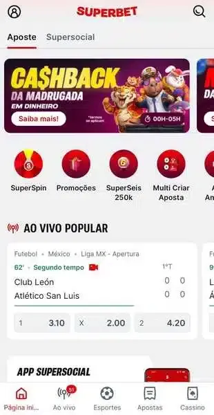 Captura de tela da p&aacute;gina inicial da Superbet