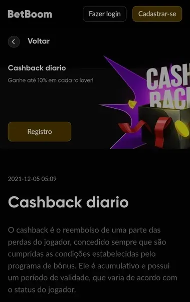 P&aacute;gina do b&ocirc;nus de cashback di&aacute;rio oferecido pela Betboom