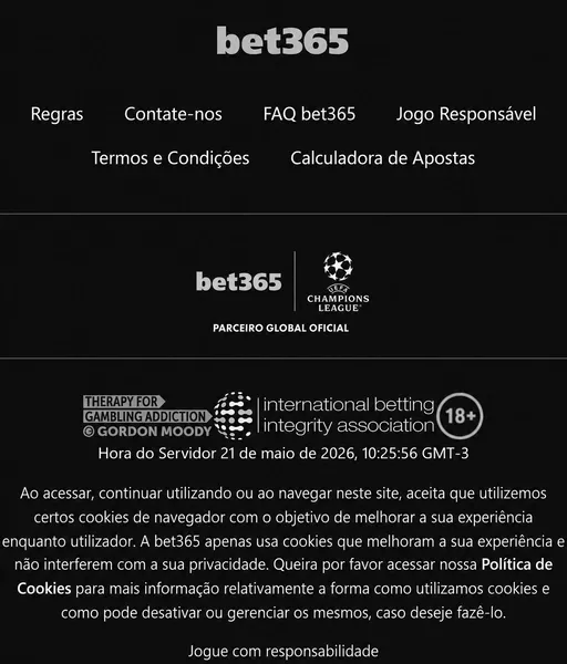 Rodap&eacute; da p&aacute;gina inicial da bet365 Brasil