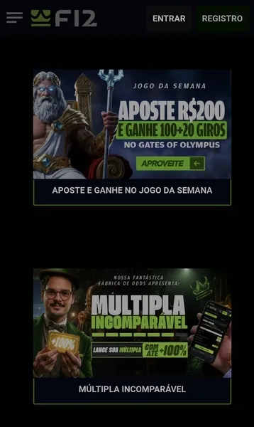 Captura de tela com as promo&ccedil;&otilde;es da F12 Bet