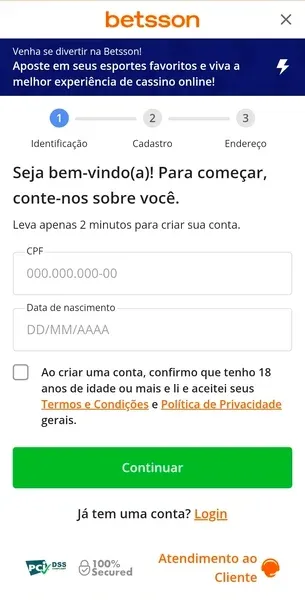 Primeira p&aacute;gina de cadastro do aplicativo da Betsson para Android
