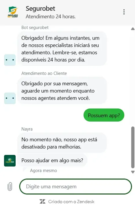 Captura de tela de uma conversa com o atendimento ao vivo da Segurobet