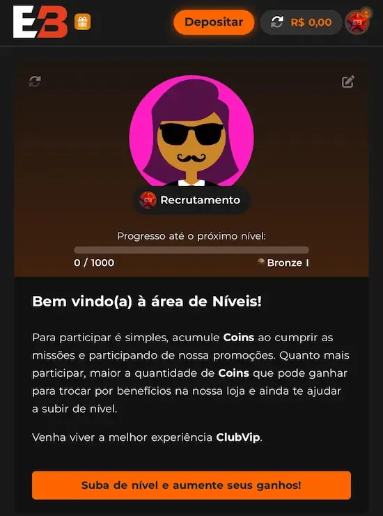 Tela do clube de recompensas da Esportivabet