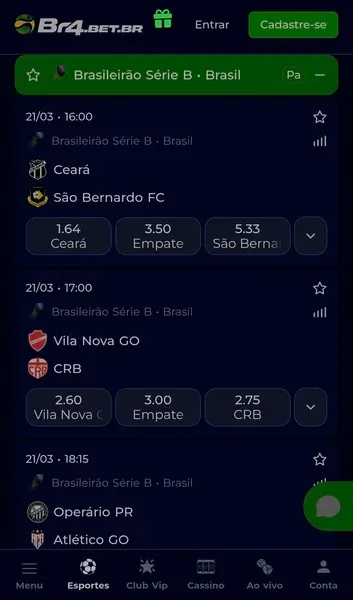 P&aacute;gina da Br4bet com apostas em jogos do Brasileir&atilde;o S&eacute;rie B
