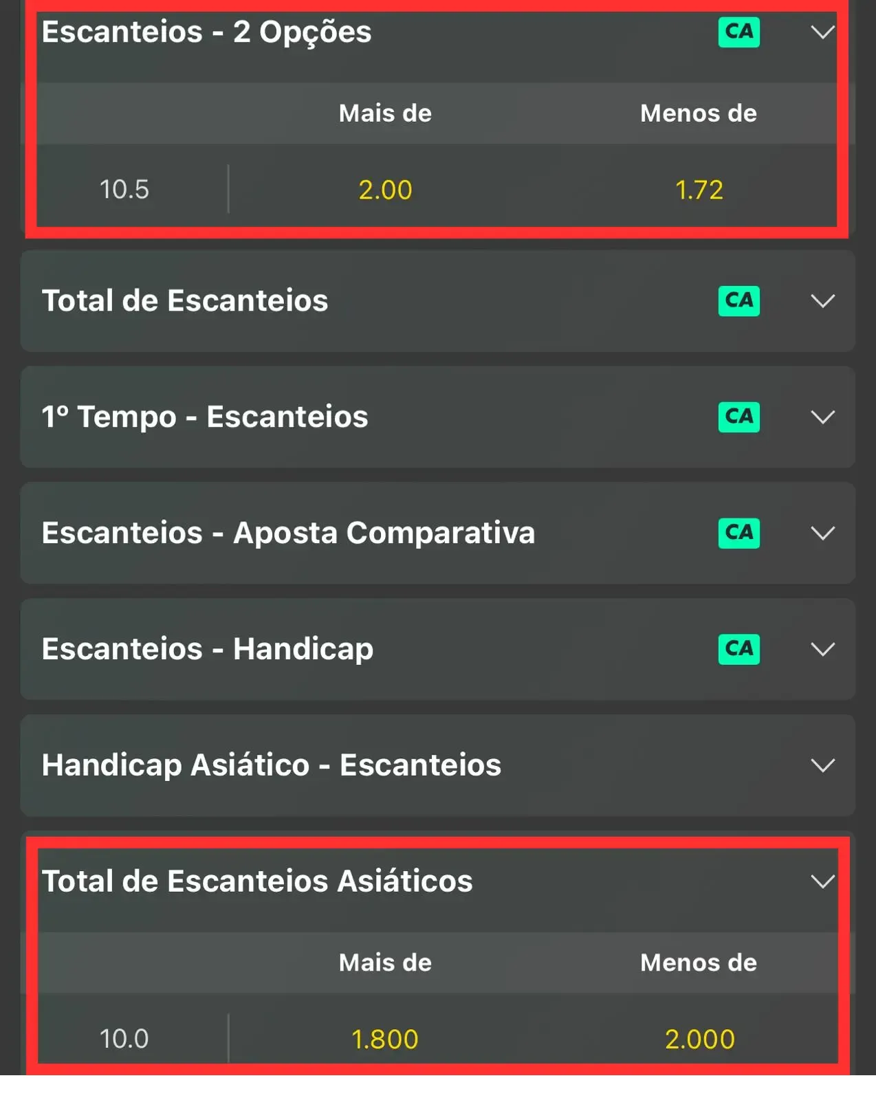 Captura de tela com tipos de escanteios na Bet365