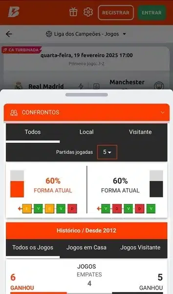 Captura de tela da aba de estat&iacute;sticas pr&eacute;-jogo na Betano