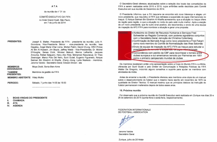 A ata da reuni&atilde;o do Comit&ecirc; Executivo da Fifa, em 2014, que declarou o Palmeiras campe&atilde;o mundial pela Copa Rio
