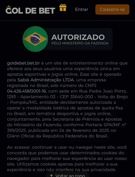 Rodap&eacute; da p&aacute;gina inicial da Gol de Bet, com detalhes sobre a licen&ccedil;a SPA/MF no Brasil
