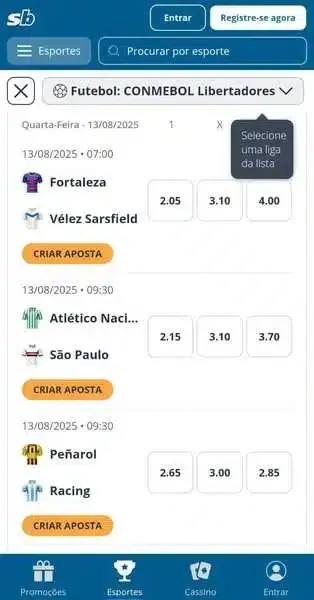 Captura de tela com a p&aacute;gina inicial da Libertadores na Sportingbet