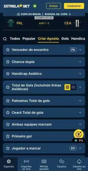 Captura de tela da casa de apostas Estrelabet com os mercados dispon&iacute;veis para usar no recurso Criar Aposta