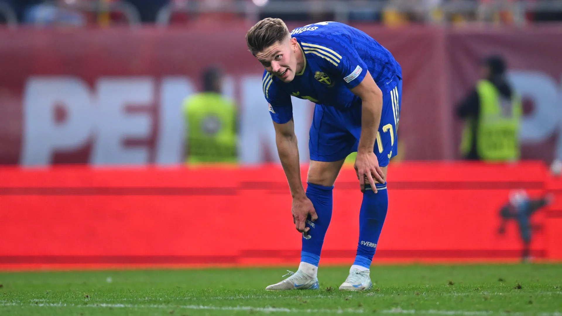 Viktor Gy&ouml;keres, atacante da sele&ccedil;&atilde;o sueca, durante a partida da Nations League entre Rom&ecirc;nia e Su&eacute;cia, em Bucareste, na Rom&ecirc;nia, em 5 de outubro de 2026.
