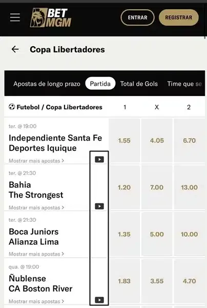 Captura de tela dos jogos da Libertadores no BetMGM app com streaming ao vivo