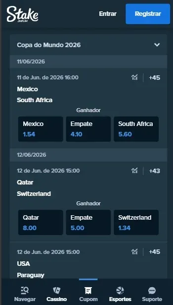 Odds nas apostas 1x2 em jogos da Copa do Mundo 2026 dispon&iacute;veis na Stake
