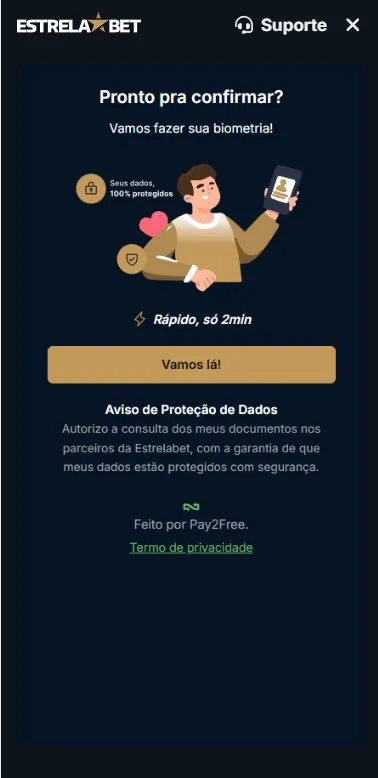 Verifica&ccedil;&atilde;o de identidade na Estrela Bet com confirma&ccedil;&atilde;o da biometria facial