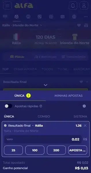 Captura de tela da p&aacute;gina da Alfabet, com a simula&ccedil;&atilde;o de uma aposta nas Eliminat&oacute;rias para a Copa do Mundo de 2026