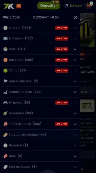 Captura de tela da p&aacute;gina de modalidades esportivas dispon&iacute;veis na 7K Bet
