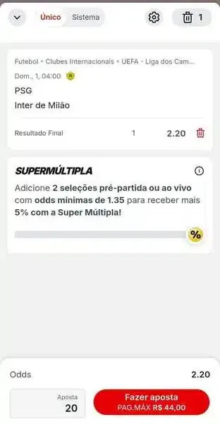 Captura de tela de um bilhete de aposta montado na Superbet