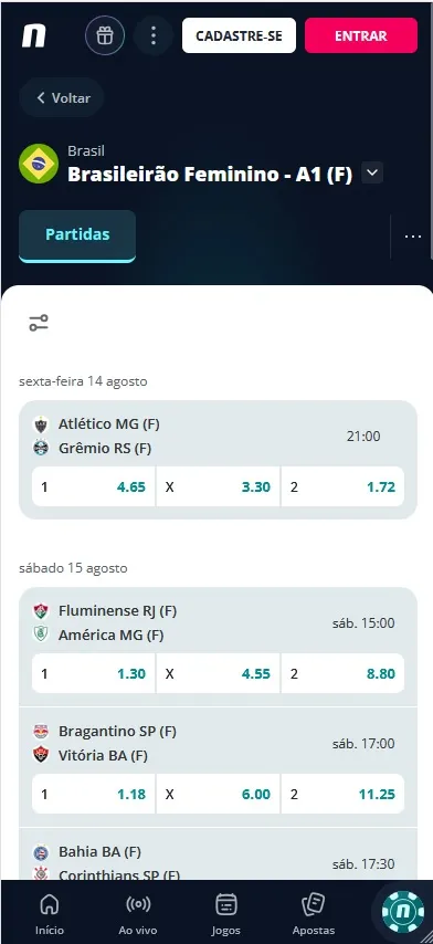 Jogos do Brasileir&atilde;o Feminino A1 dispon&iacute;veis para apostas na Novibet