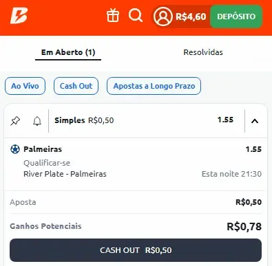 Captura de tela do Cash out na Betano
