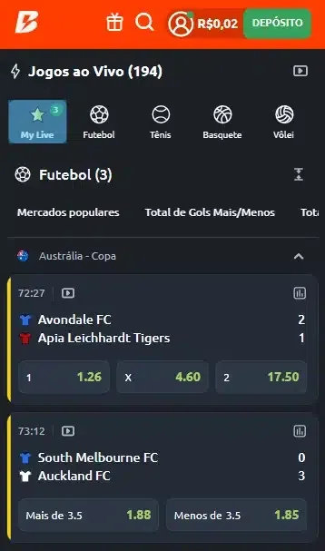 Captura de tela da p&aacute;gina de apostas ao vivo na Betano