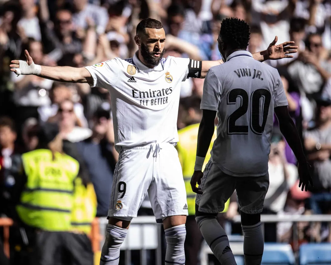 Real Madrid x Valladolid Benzema Vini Jr (Real Madrid) in action during the game valid for La Liga at the Santiago Berna