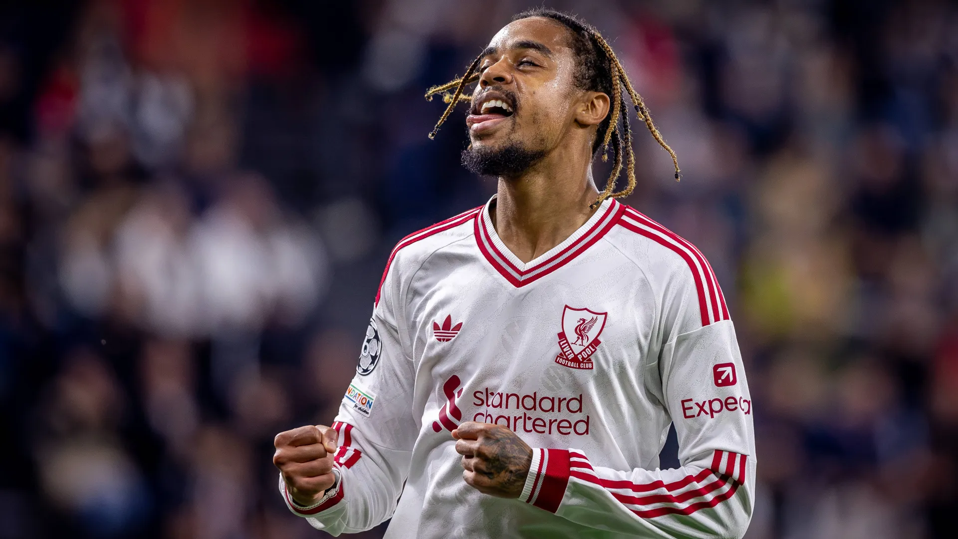 Bradley Barcola, atacante do Liverpool, celebra um gol durante a partida da segunda rodada da fase de liga da Champions League entre LASK e Liverpool, na Oberösterreich Arena, em Linz, na Áustria, em 14 de outubro de 2026.