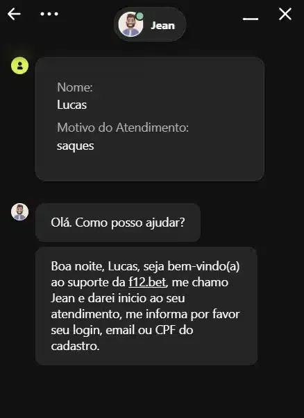 Captura de tela do atendimento ao cliente da F12 Bet