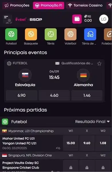 Captura de tela com a p&aacute;gina inicial da Vbet