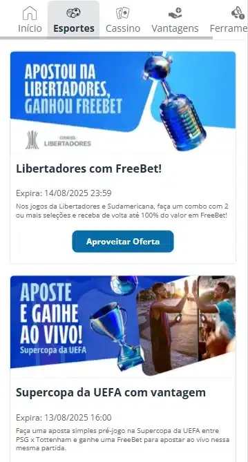 Captura de tela de boas promo&ccedil;&otilde;es dispon&iacute;veis para futebol na Sportingbet