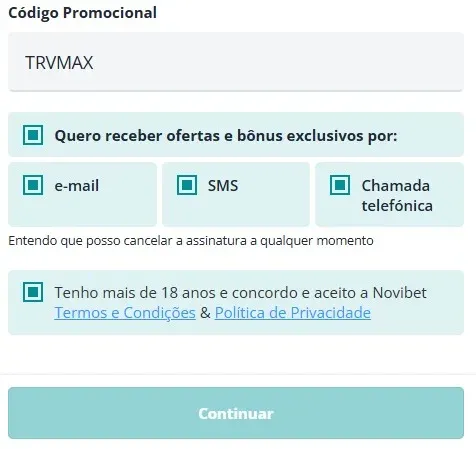 C&oacute;digo promocional Novibet 2026: use TRVMAX hoje