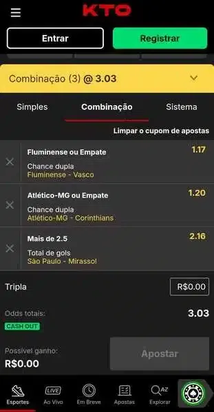Captura de tela da KTO com aposta m&uacute;ltipla e op&ccedil;&atilde;o de cash out dispon&iacute;vel