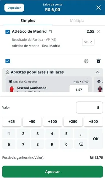 Captura de tela do cupom de apostas da Sportingbet para palpite em Atl&eacute;tico de Madrid x Real Madrid