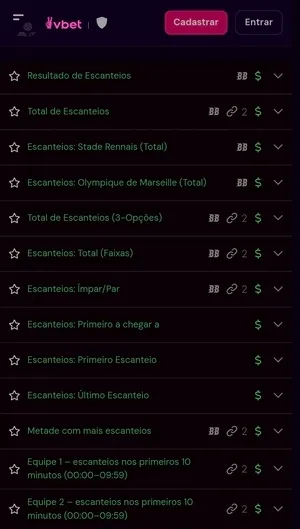 Mercados de escanteios dispon&iacute;veis na Vbet