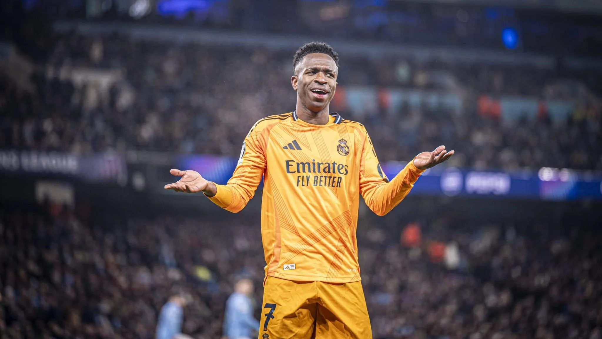 Vini Jr responde provoca&ccedil;&otilde;es do Manchester City: &lsquo;Nunca tive medo de nenhuma torcida&rsquo;