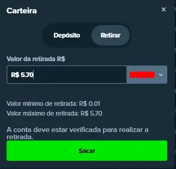 Tela de saque na carteira da Stake